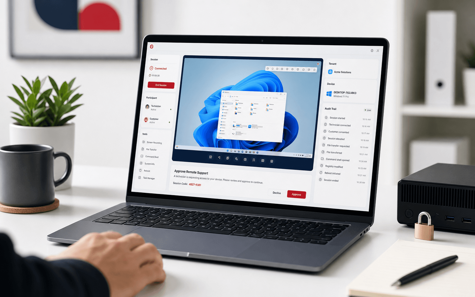 Laptop showing a remote support console with a consent panel and audit trail