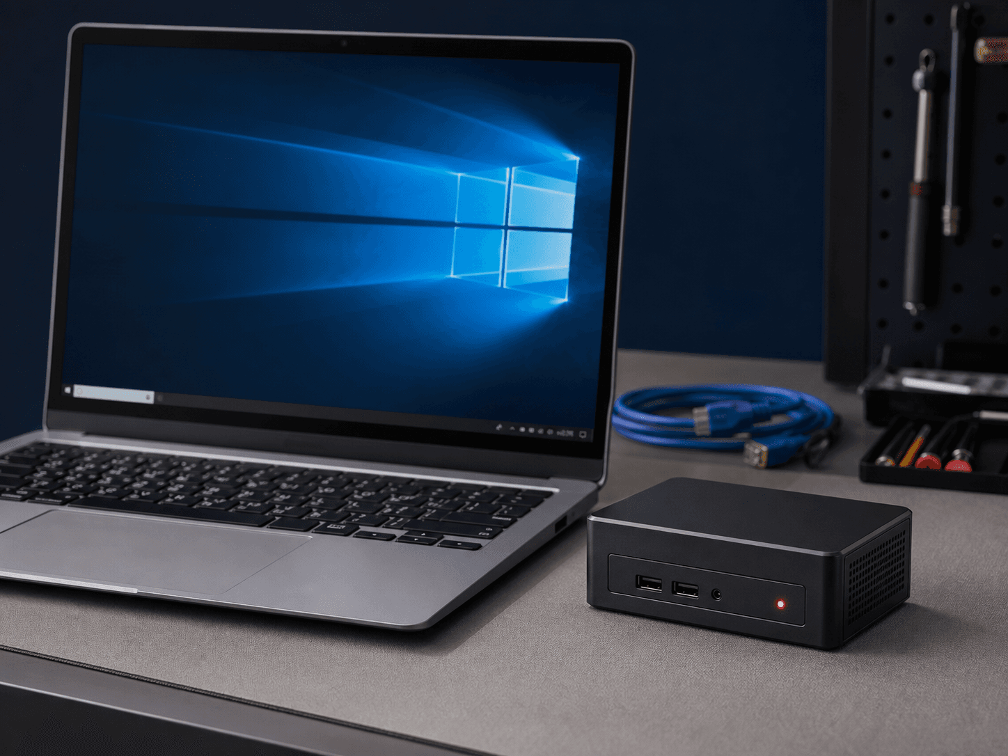 Managed endpoint device beside a Windows laptop prepared for support